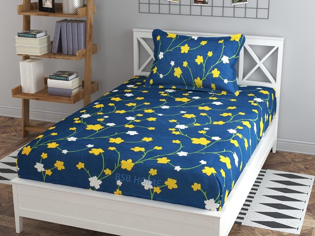 BSB HOME Premium Single Bedsheet with 1 Pillow Covers - 160 TC Supersoft Microfiber - Breathable & Wrinkle Free - 2 Pcs Set | Dark Blue and Yellow Leaf