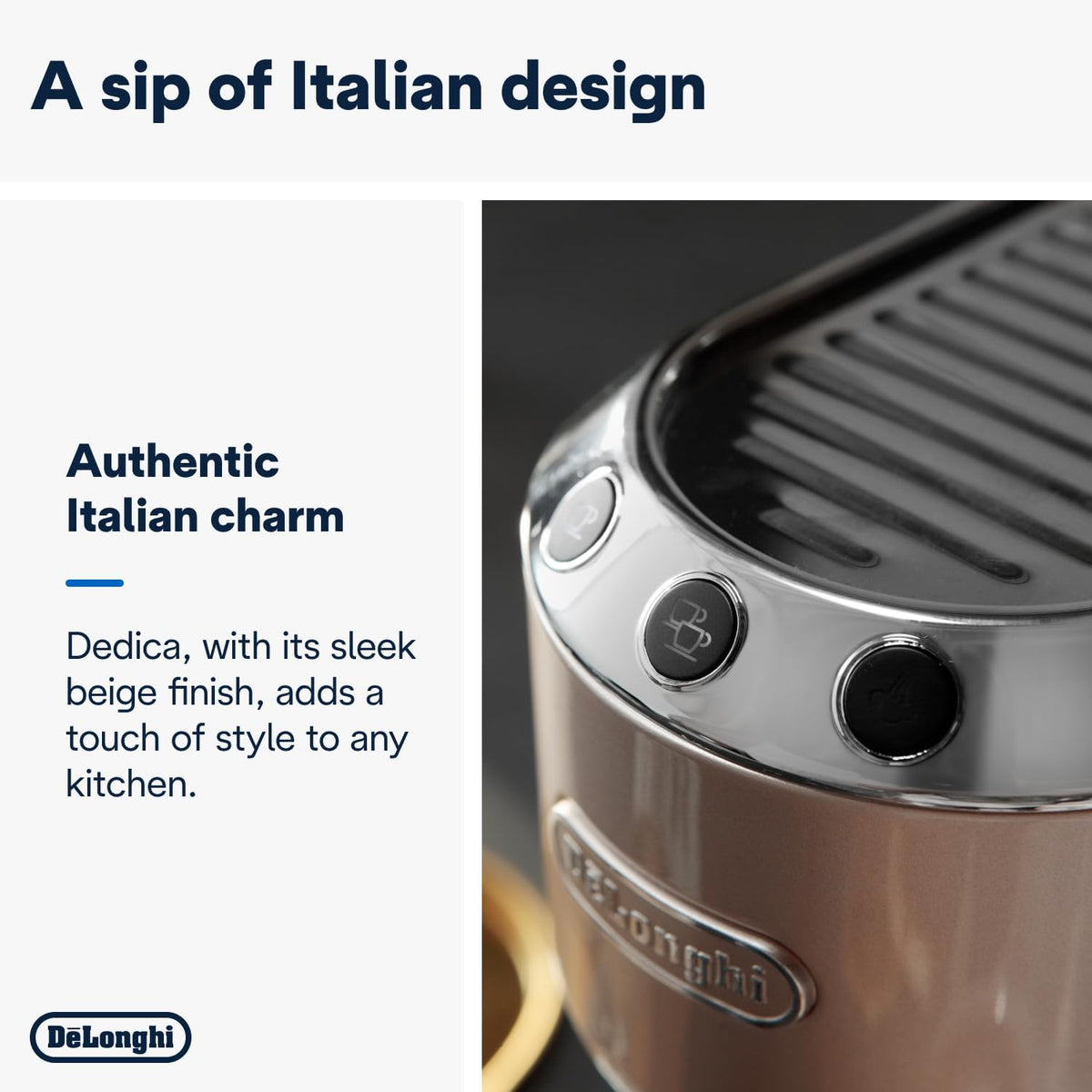 De'Longhi Dedica Arte Espresso Machine - MyLatteArt Milk Foam Nozzle, 15 BAR Pressure, Steel Tamper Included, Beige Gold - Create Perfect Espresso, Cappuccinos, and Latte Art at Home - EC885.BG