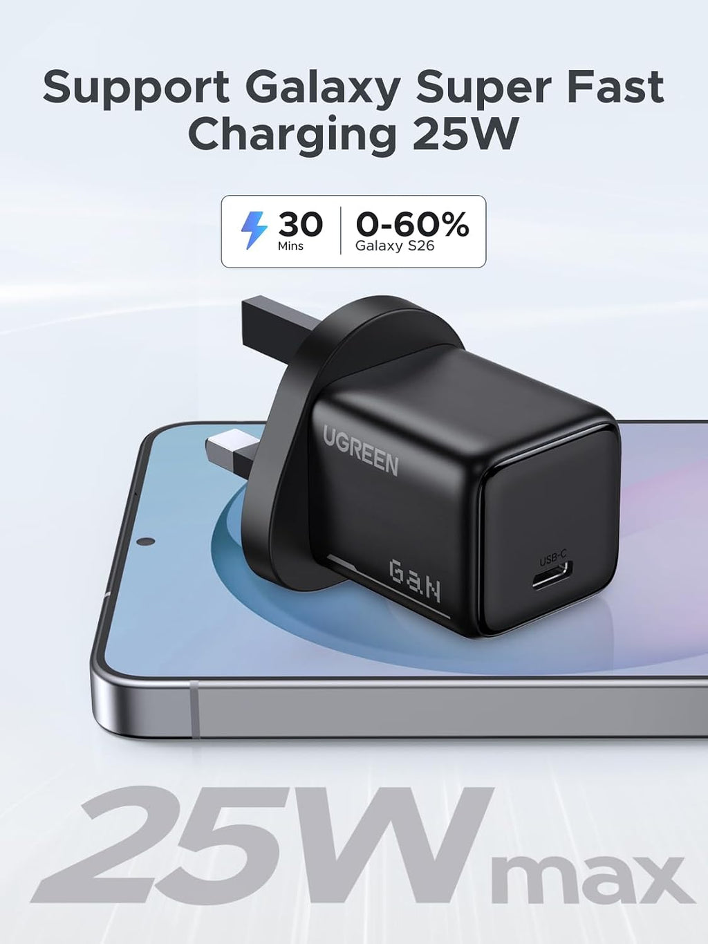 مجموعة شاحن UGREEN بقدرة 25 واط شحن سريع من النوع C مع كابل سامسونج بطول 2 متر، متوافق مع Galaxy S25 Ultra/S24 Ultra/S23 Ultra/S22 وZ Fold 6/5 وA06/A55 LTE وiPad Pro/Air وXiaomi وOnePlus وغيرها