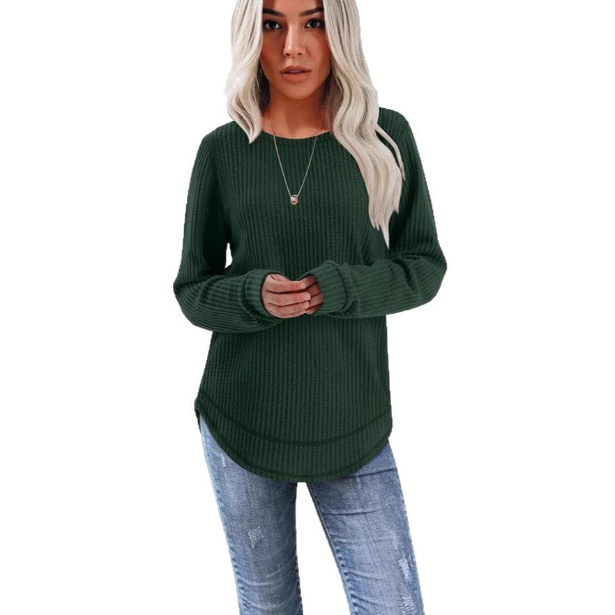 Waffle Loose Round Neck High And Low Curved Hem Top