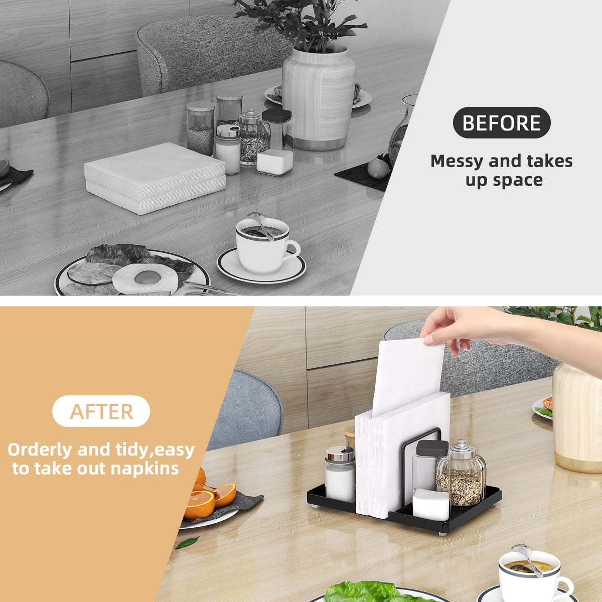 Napkin Holder for Table with Salt and Pepper Shakers Caddy, Black
