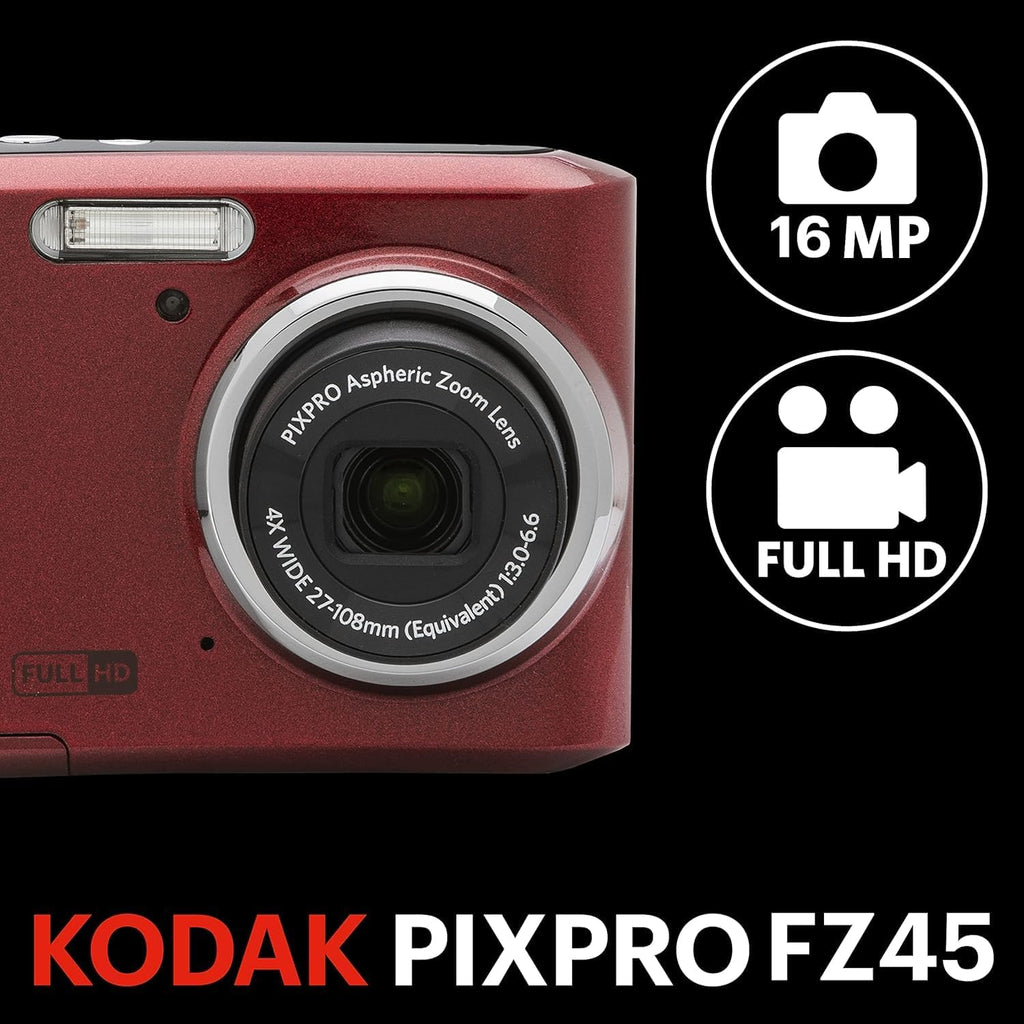 KODAK PIXPRO FZ45 16MP Compact Digital Camera, 4X Optical Zoom, AA, Red