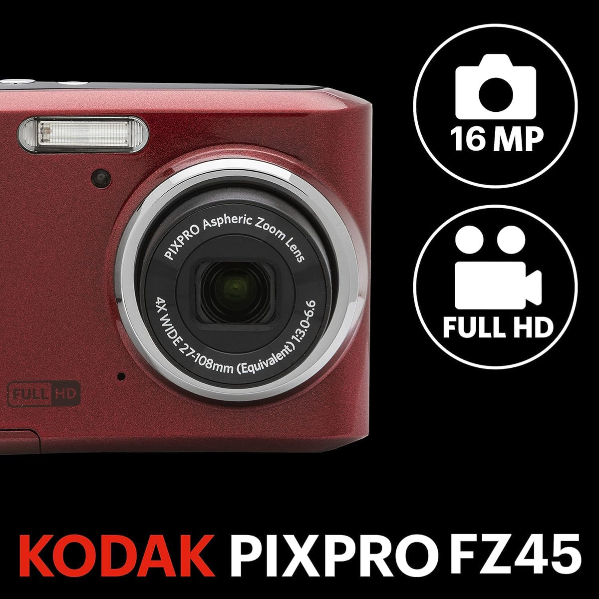 KODAK PIXPRO FZ45 16MP Compact Digital Camera, 4X Optical Zoom, AA, Red