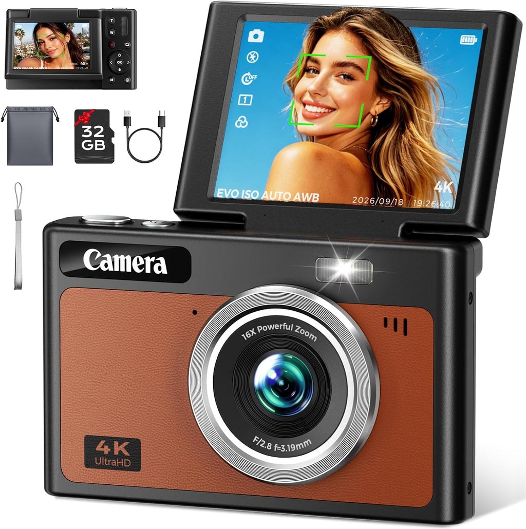 Digital Camera, 4K Autofocus Camera for Photography, 2.8" 180°Flip Screen, 48MP 16X Zoom Anti-Shake, Portable Compact Point and Shoot Camera for Teens Adults, 32GB Card, Gift for Boys Girls Beginners
