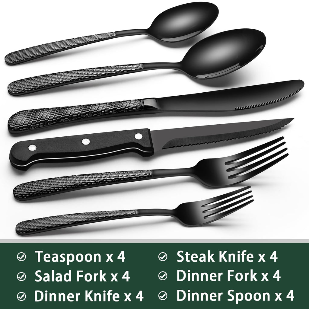 EWFEN 24-Piece Black Silverware Set with Steak Knives, Black Flatware Set for 4, Food-Grade Stainless Steel Tableware Cutlery Set, Mirror Finished Utensil Sets for Home Restaurant, Round Edge
