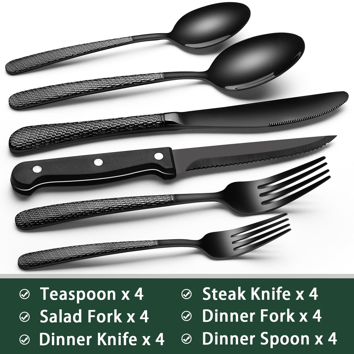 EWFEN 24-Piece Black Silverware Set with Steak Knives, Black Flatware Set for 4, Food-Grade Stainless Steel Tableware Cutlery Set, Mirror Finished Utensil Sets for Home Restaurant, Round Edge