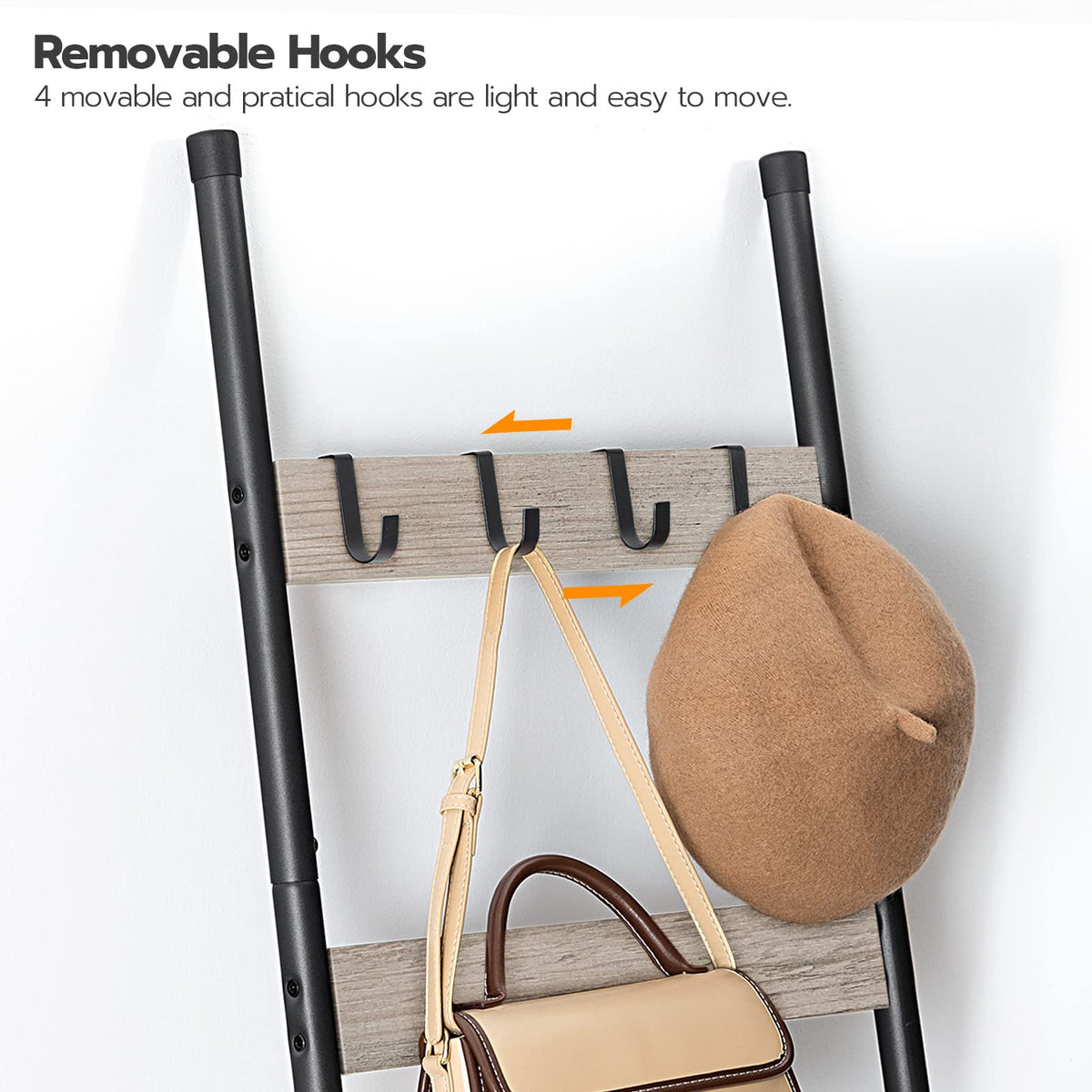 HOOBRO Blanket Ladder, 5-Tier Towel Rack with Hooks, Wall-Leaning Blanket Rack, Decorative Display Ladder Shelf, for Scarves, Industrial, Living Room, Bedroom, Rustic Brown and Black BF52CJ01G1