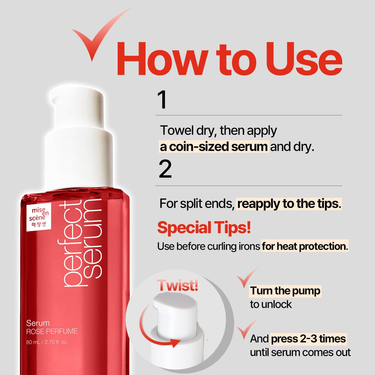 Mise En Scene Perfect Serum Original - Heat Protectant Hair Oil for Frizzy & Dry | Argan Oil | Visibly Smooths & Softens | Add Shine All Hair Types | Damage Repair | Fruity Floral Scent, 2.7 Fl Oz.
