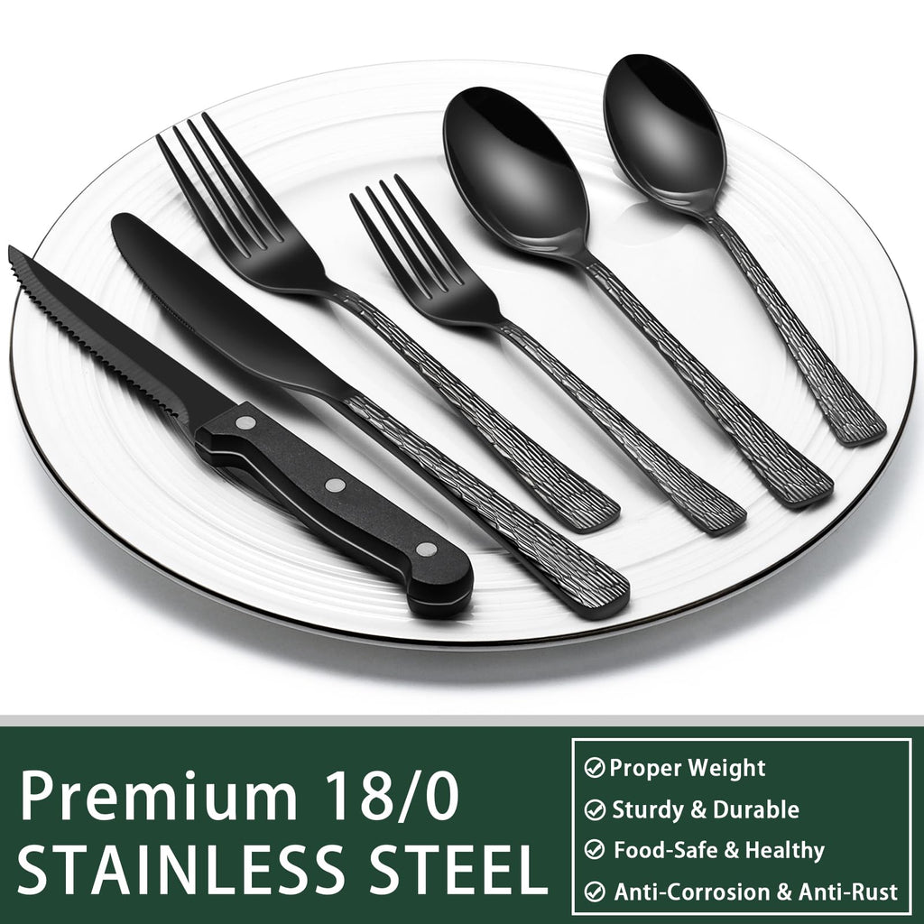 EWFEN 24-Piece Black Silverware Set with Steak Knives, Black Flatware Set for 4, Food-Grade Stainless Steel Tableware Cutlery Set, Mirror Finished Utensil Sets for Home Restaurant, Round Edge
