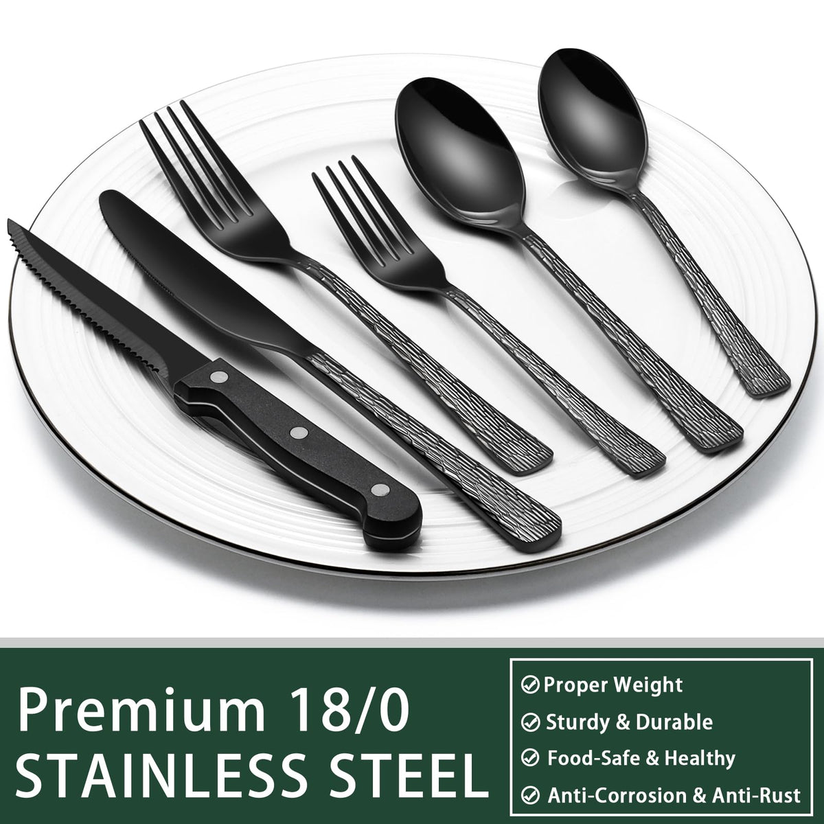 EWFEN 24-Piece Black Silverware Set with Steak Knives, Black Flatware Set for 4, Food-Grade Stainless Steel Tableware Cutlery Set, Mirror Finished Utensil Sets for Home Restaurant, Round Edge