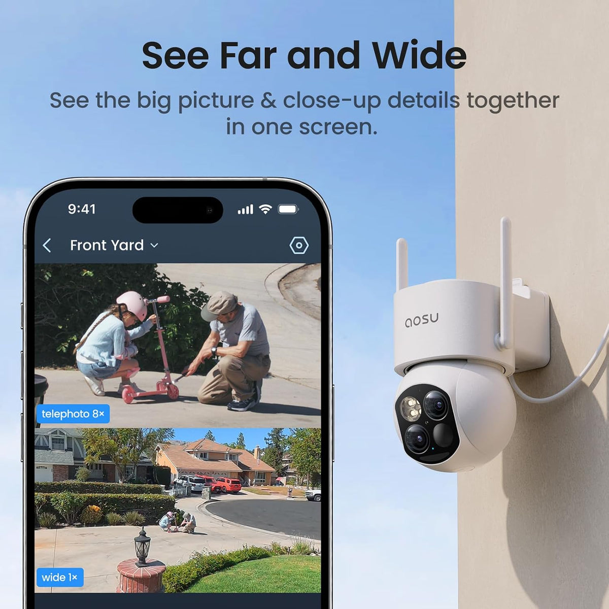 aosu T2 Dual-Lens 3K Telephoto 360° PTZ Wireless Outdoor Security Camera