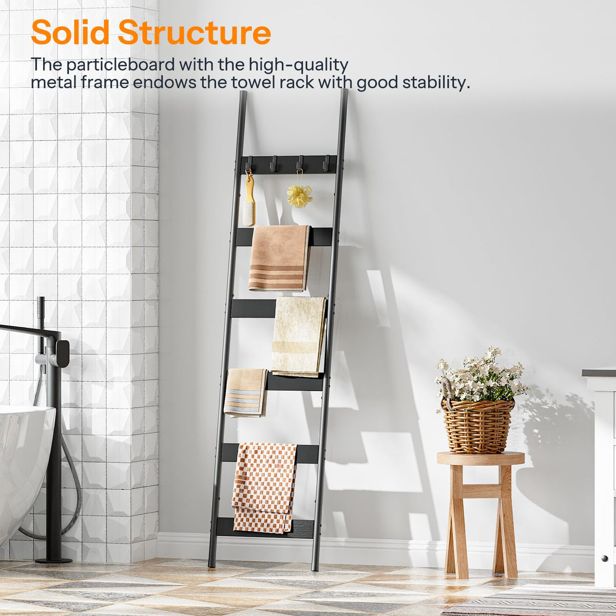HOOBRO Blanket Ladder, 5-Tier Towel Rack with Hooks, Wall-Leaning Blanket Rack, Decorative Display Ladder Shelf, for Scarves, Industrial, Living Room, Bedroom, Rustic Brown and Black BF52CJ01G1