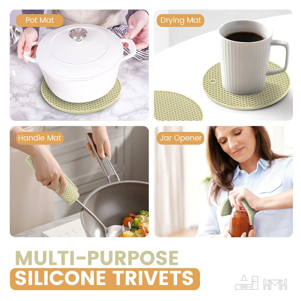Silicone Trivet Mats 4 Heat Resistant Pot Holders Multipurpose Non-Slip Hot Pads for Kitchen Potholders, Drying mat, Jar Opener, Spoon Holder, Coaster(Dark Grey)