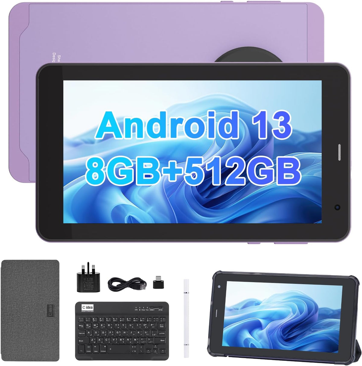 C idea 7 Inch Tablet,Android 13 Tablet,Quad Core Processor,8GB RAM 512GB ROM,512GB Expand,Dual Camera,Tablet with SIM, WiFi,Bluetooth,Case,StylusCM518 Pro (Green)