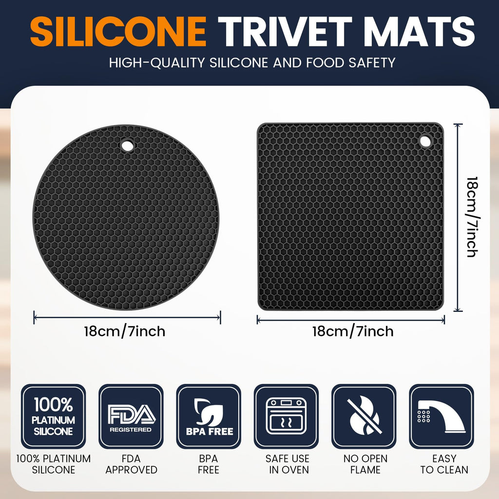 Silicone Trivet Mats 4 Heat Resistant Pot Holders Multipurpose Non-Slip Hot Pads for Kitchen Potholders, Drying mat, Jar Opener, Spoon Holder, Coaster(Dark Grey)