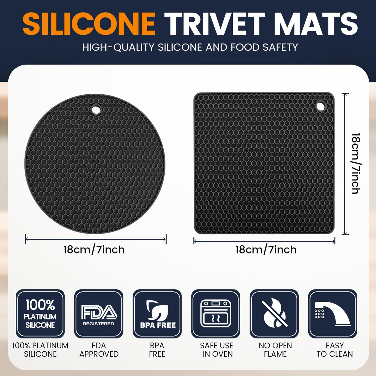 Silicone Trivet Mats 4 Heat Resistant Pot Holders Multipurpose Non-Slip Hot Pads for Kitchen Potholders, Drying mat, Jar Opener, Spoon Holder, Coaster(Dark Grey)