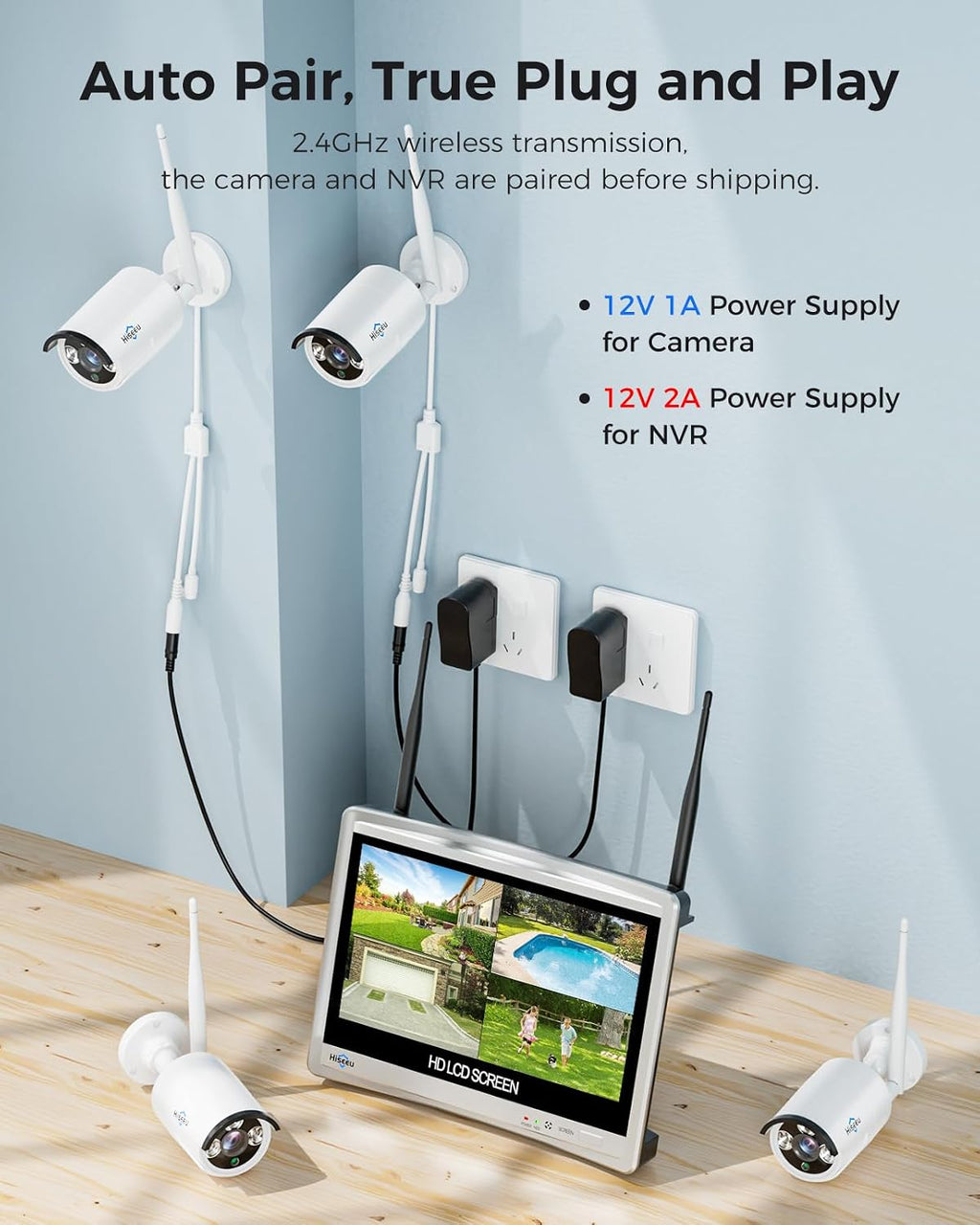 Hiseeu Home Security System, 24/7 Recording 5MP Wired Plug-in Powered Outdoor Bullet Cameras, 2.4G/5G WiFi Pro, 4K NVR with 12" LCD Monitor, 3TB HDD, Night Vision, IP65
