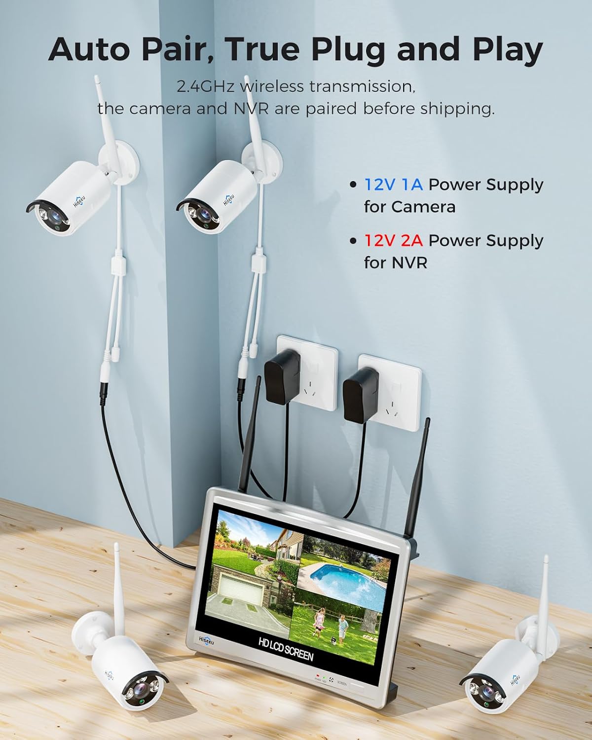 Hiseeu Home Security System, 24/7 Recording 5MP Wired Plug-in Powered Outdoor Bullet Cameras, 2.4G/5G WiFi Pro, 4K NVR with 12" LCD Monitor, 3TB HDD, Night Vision, IP65