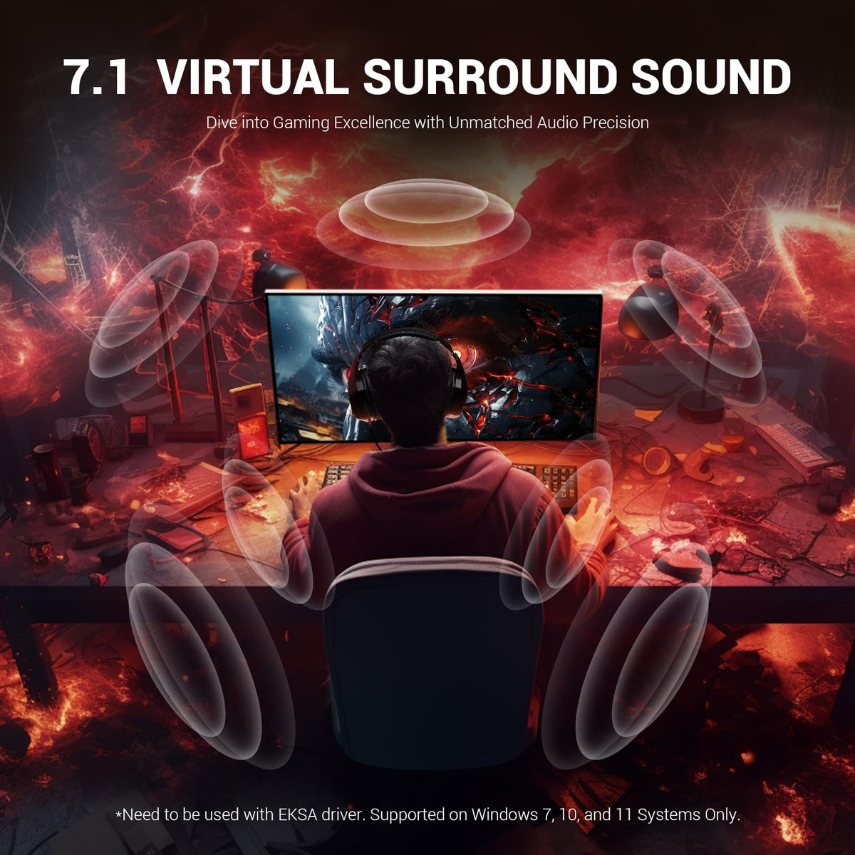 EKSA E1000 USB PC Gaming Headset with Mic, 7.1 Surround Sound