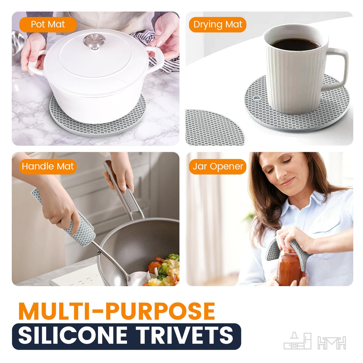 Silicone Trivet Mats 4 Heat Resistant Pot Holders Multipurpose Non-Slip Hot Pads for Kitchen Potholders, Drying mat, Jar Opener, Spoon Holder, Coaster(Dark Grey)