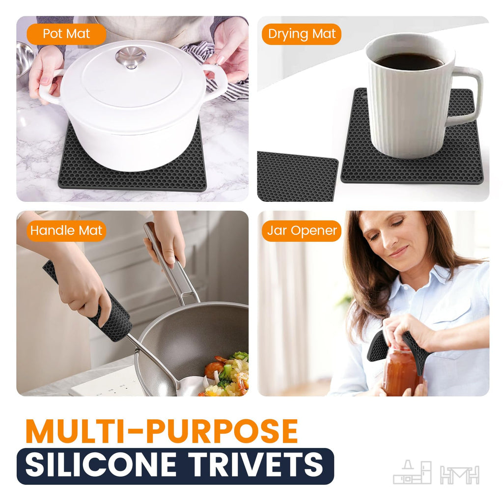 Silicone Trivet Mats 4 Heat Resistant Pot Holders Multipurpose Non-Slip Hot Pads for Kitchen Potholders, Drying mat, Jar Opener, Spoon Holder, Coaster(Dark Grey)