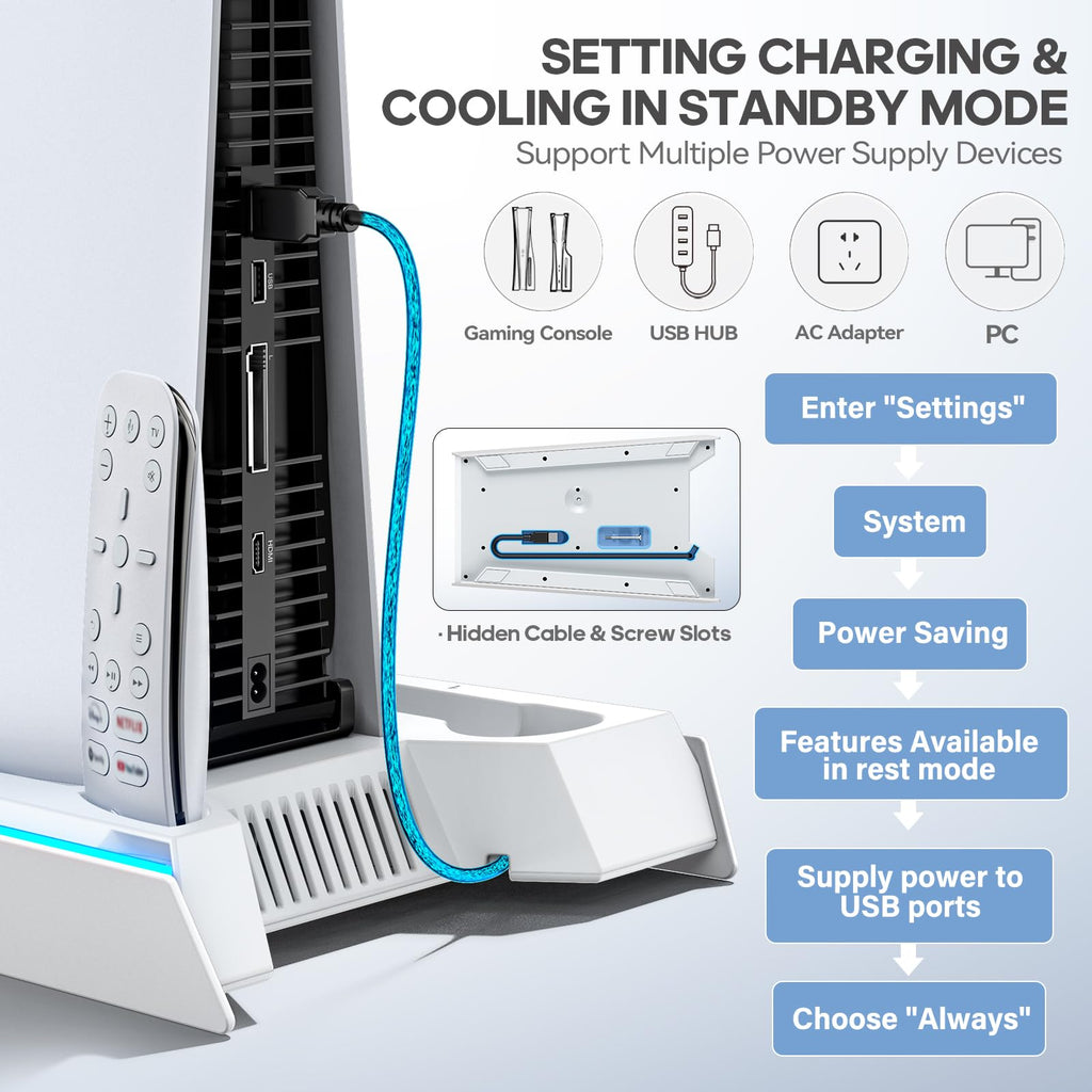 PS5/Slim/Pro Stand for Disc & Digital Console, PS5 Cooling & Charging Station with RGB Lights, PS5 Controller Charger Built-in 3 Level & AUTO Adjustable Fan, Accessories for PlayStation 4 Chargers