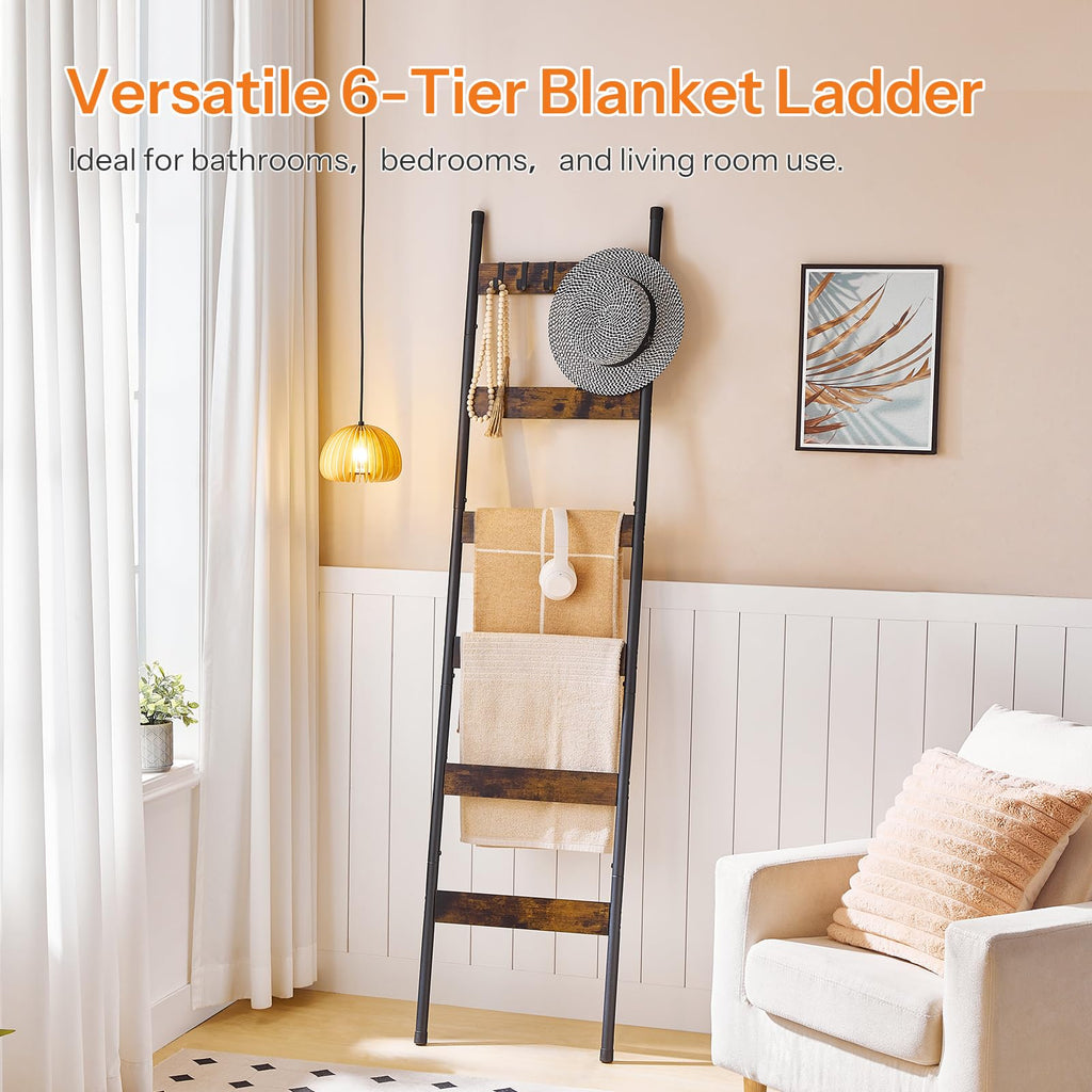 HOOBRO Blanket Ladder, 5-Tier Towel Rack with Hooks, Wall-Leaning Blanket Rack, Decorative Display Ladder Shelf, for Scarves, Industrial, Living Room, Bedroom, Rustic Brown and Black BF52CJ01G1