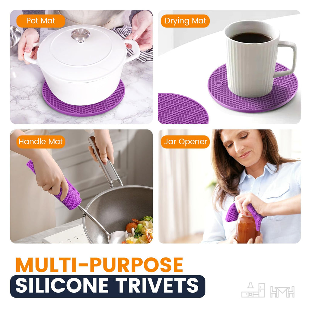 Silicone Trivet Mats 4 Heat Resistant Pot Holders Multipurpose Non-Slip Hot Pads for Kitchen Potholders, Drying mat, Jar Opener, Spoon Holder, Coaster(Dark Grey)