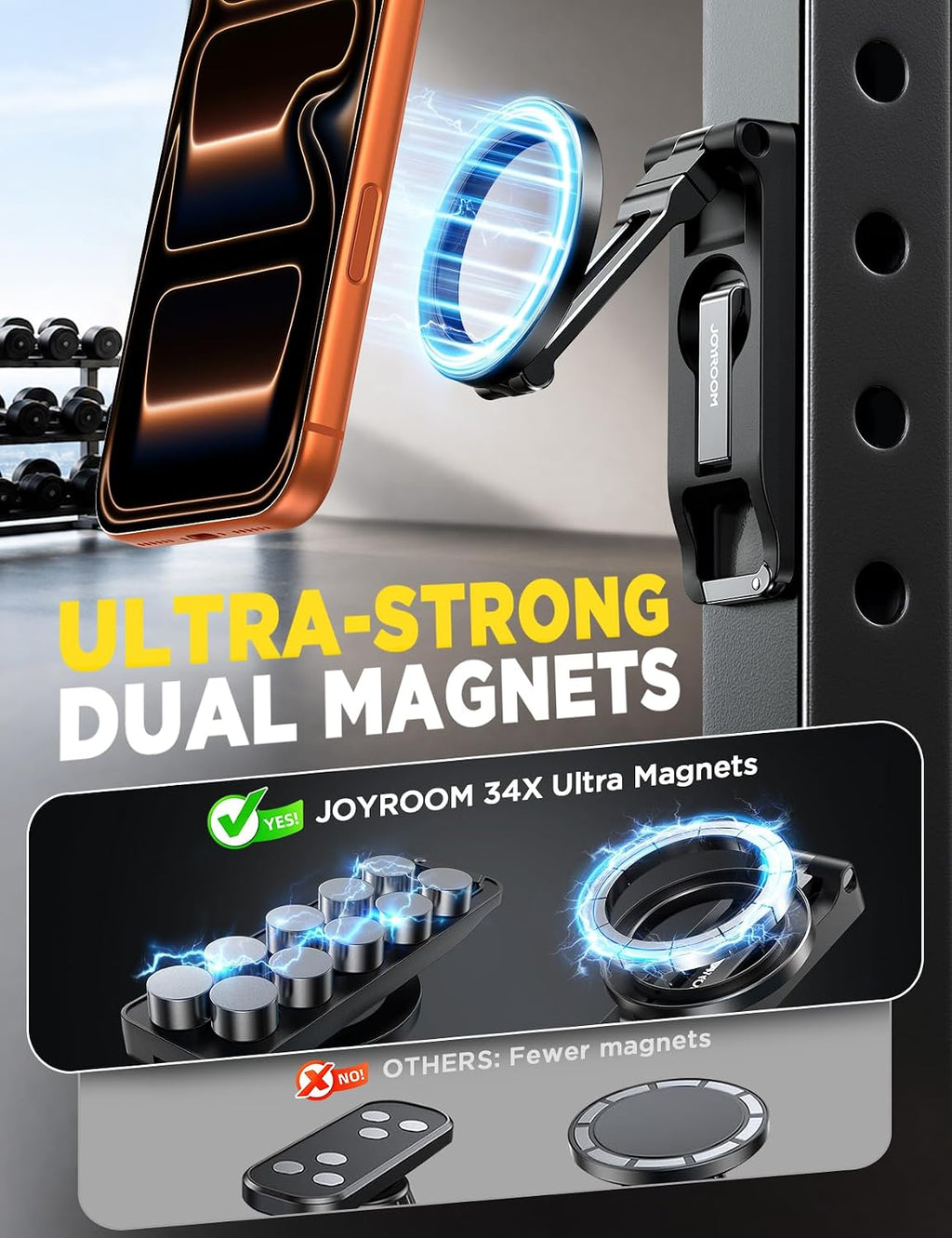 JOYROOM Magnetic Phone Holder for Gym, Dual-Sided 10x N55 Magnets with Hook