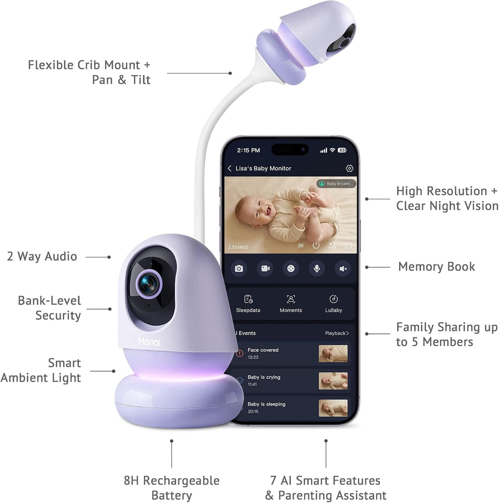 Monai Nest WiFi Baby Monitor with Camera and Audio, Portable, 8H Battery