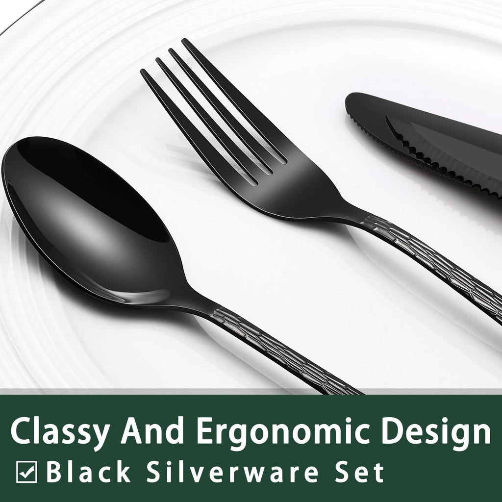 EWFEN 24-Piece Black Silverware Set with Steak Knives, Black Flatware Set for 4, Food-Grade Stainless Steel Tableware Cutlery Set, Mirror Finished Utensil Sets for Home Restaurant, Round Edge