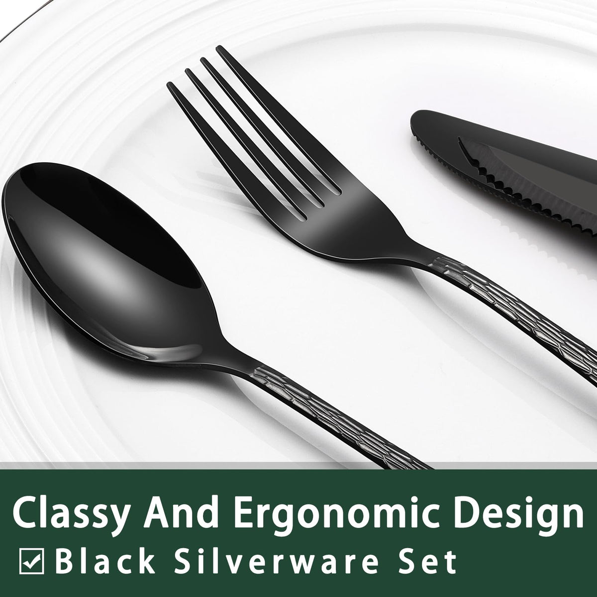 EWFEN 24-Piece Black Silverware Set with Steak Knives, Black Flatware Set for 4, Food-Grade Stainless Steel Tableware Cutlery Set, Mirror Finished Utensil Sets for Home Restaurant, Round Edge