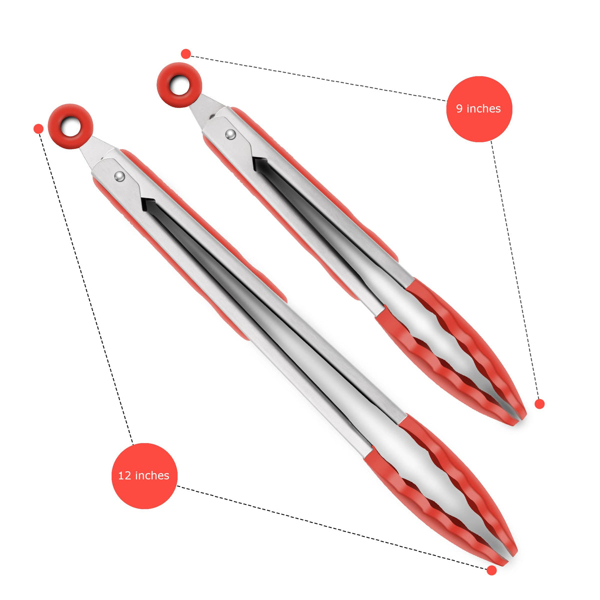 2 Pack Silicone Kitchen Tongs, 9 & 12 Inch, Stainless Steel, Black