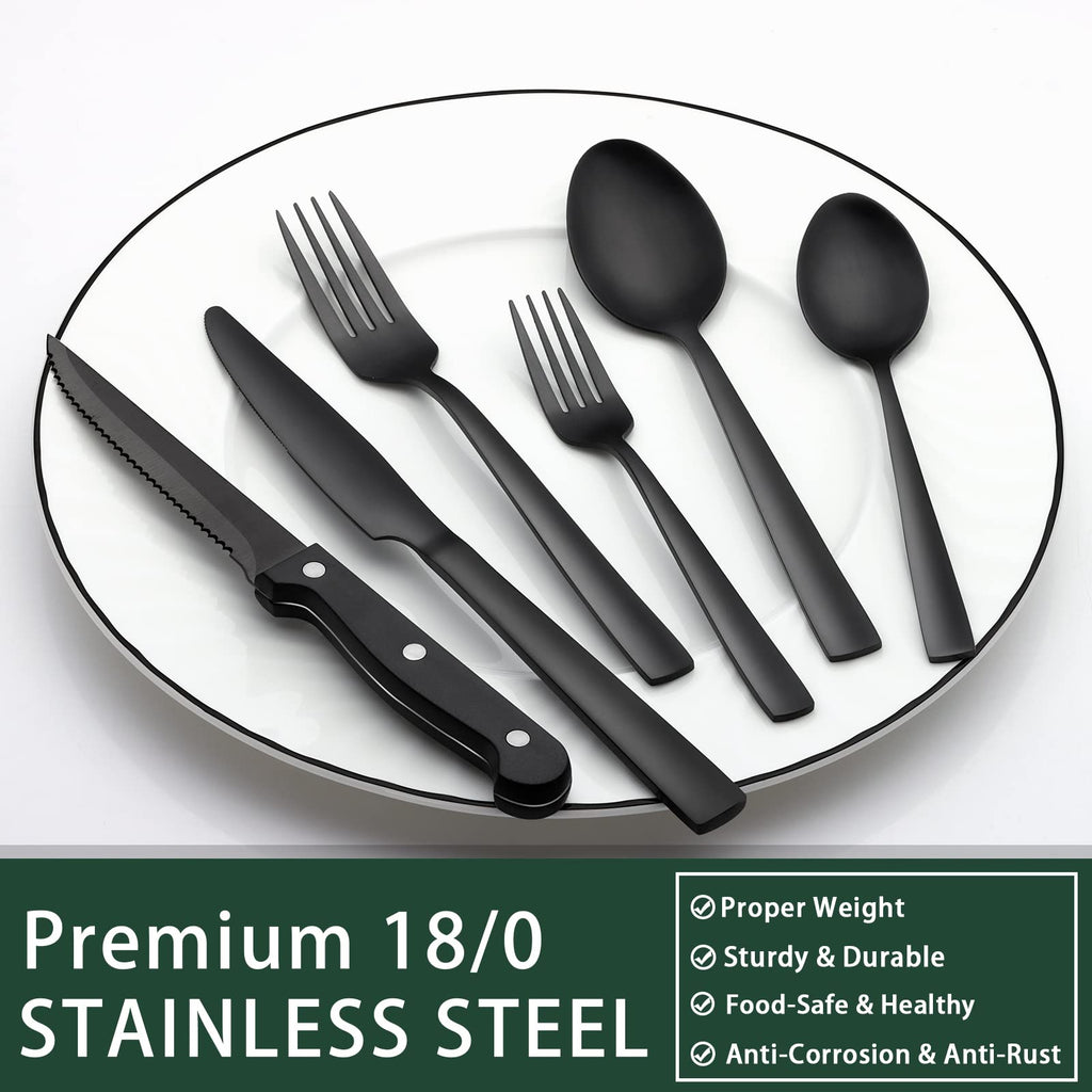 EWFEN 24-Piece Black Silverware Set with Steak Knives, Black Flatware Set for 4, Food-Grade Stainless Steel Tableware Cutlery Set, Mirror Finished Utensil Sets for Home Restaurant, Round Edge
