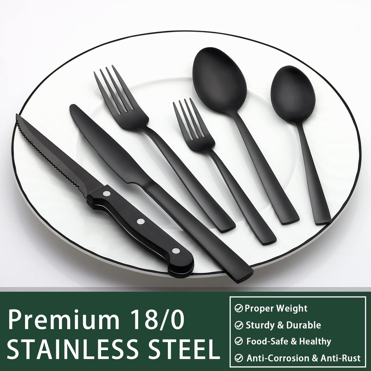 EWFEN 24-Piece Black Silverware Set with Steak Knives, Black Flatware Set for 4, Food-Grade Stainless Steel Tableware Cutlery Set, Mirror Finished Utensil Sets for Home Restaurant, Round Edge