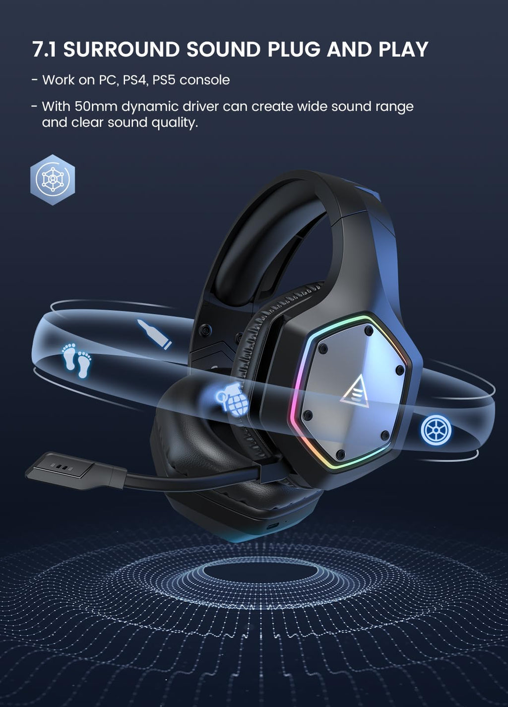 EKSA E1000 USB PC Gaming Headset with Mic, 7.1 Surround Sound