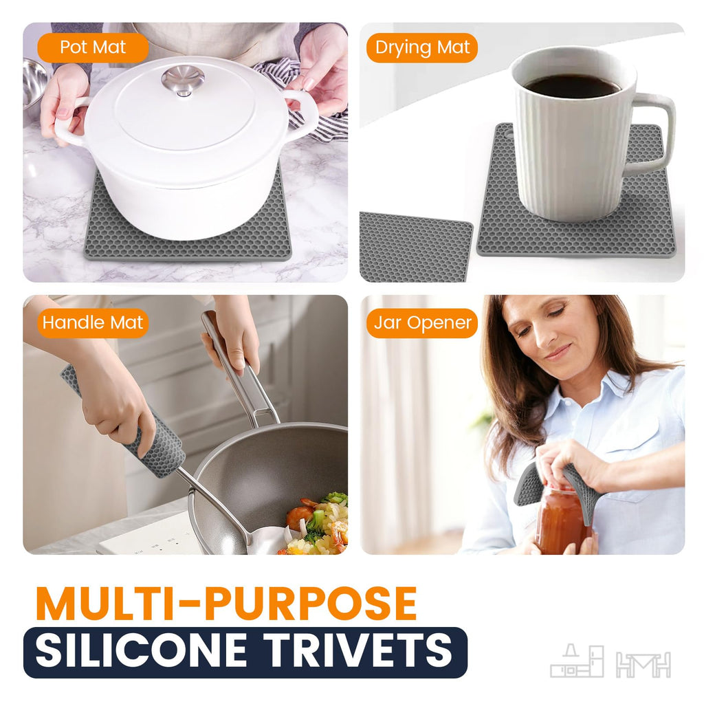 Silicone Trivet Mats 4 Heat Resistant Pot Holders Multipurpose Non-Slip Hot Pads for Kitchen Potholders, Drying mat, Jar Opener, Spoon Holder, Coaster(Dark Grey)