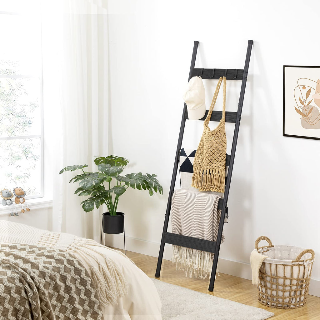 HOOBRO Blanket Ladder, 5-Tier Towel Rack with Hooks, Wall-Leaning Blanket Rack, Decorative Display Ladder Shelf, for Scarves, Industrial, Living Room, Bedroom, Rustic Brown and Black BF52CJ01G1