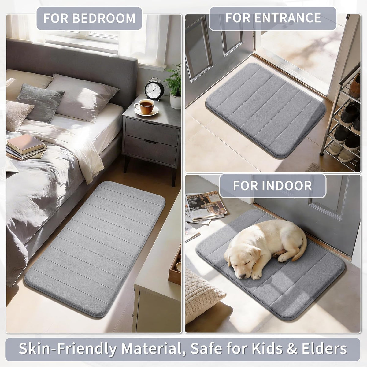 Yimobra Memory Foam Bath Mat Set 3 Pieces- Super Soft Absorbent Quick Dry Bathroom Rug Sets, Machine Washable Non Slip Floor Carpet for Tub Shower, Vanity & Toilet Base, Gray