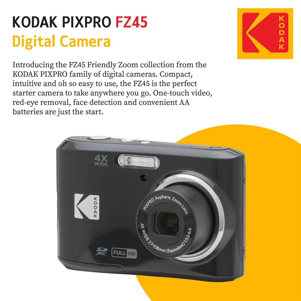 KODAK PIXPRO FZ45 16MP Digital Camera with 4X Optical Zoom 27mm Wide Angle and 2.7" LCD Screen Bundle with 32GB SD Memory Card, AA Batteries (4 Pack), Lens Cleaning Cloth (White)