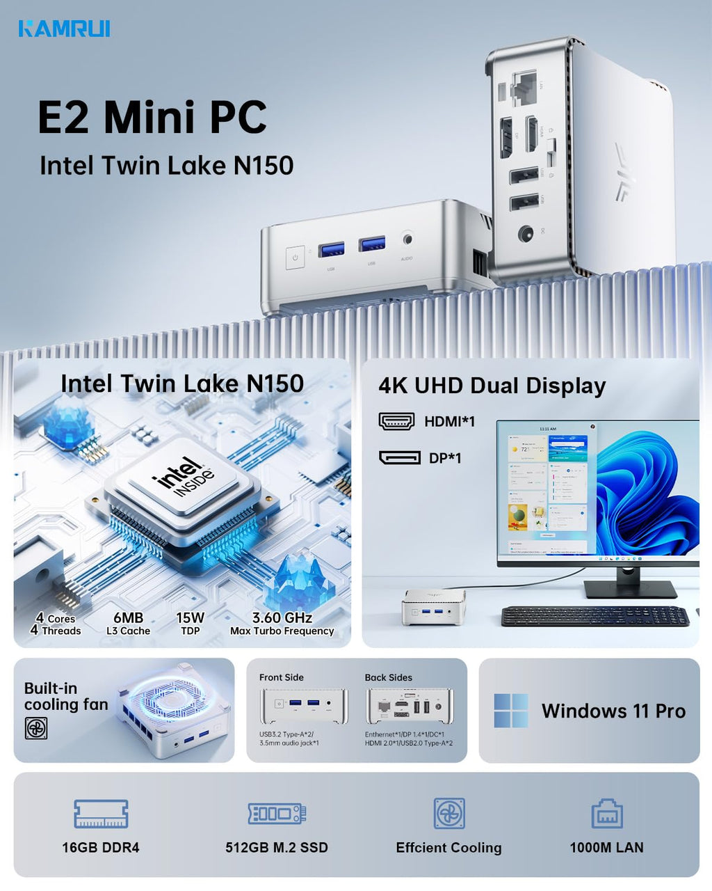 KAMRUI Pinova P2 Mini PC 16GB RAM 512GB SSD, AMD Ryzen 4300U(Beats 5400U/3500U/N95,Up to 3.7GHz,4C/8T) Mini Computers,Triple 4K Display/HDMI+DP+Type-C/WiFi/BT for Home/Business Mini Desktop Computers