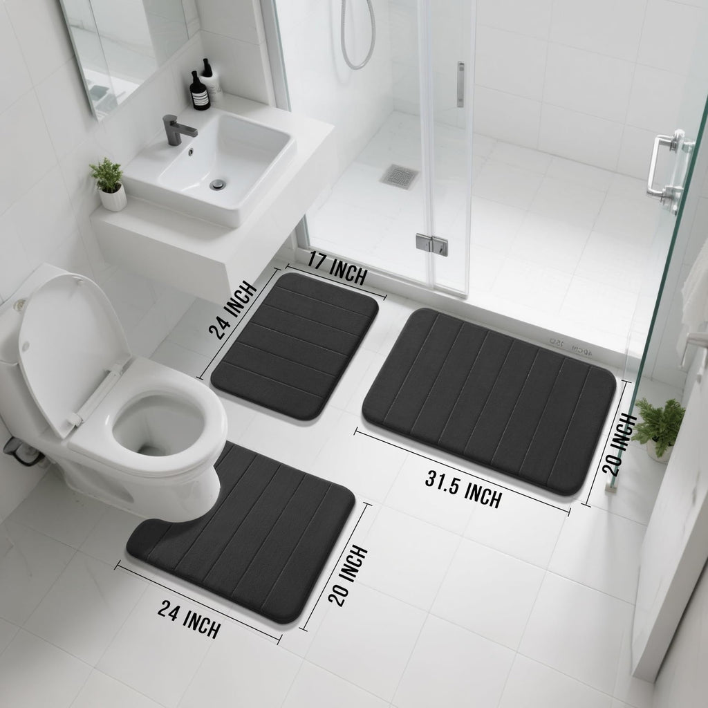 Yimobra Memory Foam Bath Mat Set 3 Pieces- Super Soft Absorbent Quick Dry Bathroom Rug Sets, Machine Washable Non Slip Floor Carpet for Tub Shower, Vanity & Toilet Base, Gray