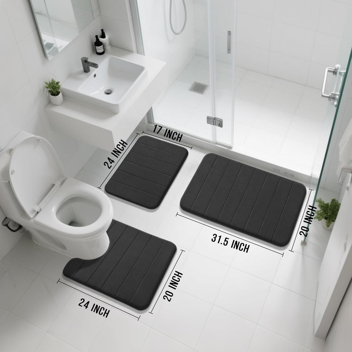 Yimobra Memory Foam Bath Mat Set 3 Pieces- Super Soft Absorbent Quick Dry Bathroom Rug Sets, Machine Washable Non Slip Floor Carpet for Tub Shower, Vanity & Toilet Base, Gray
