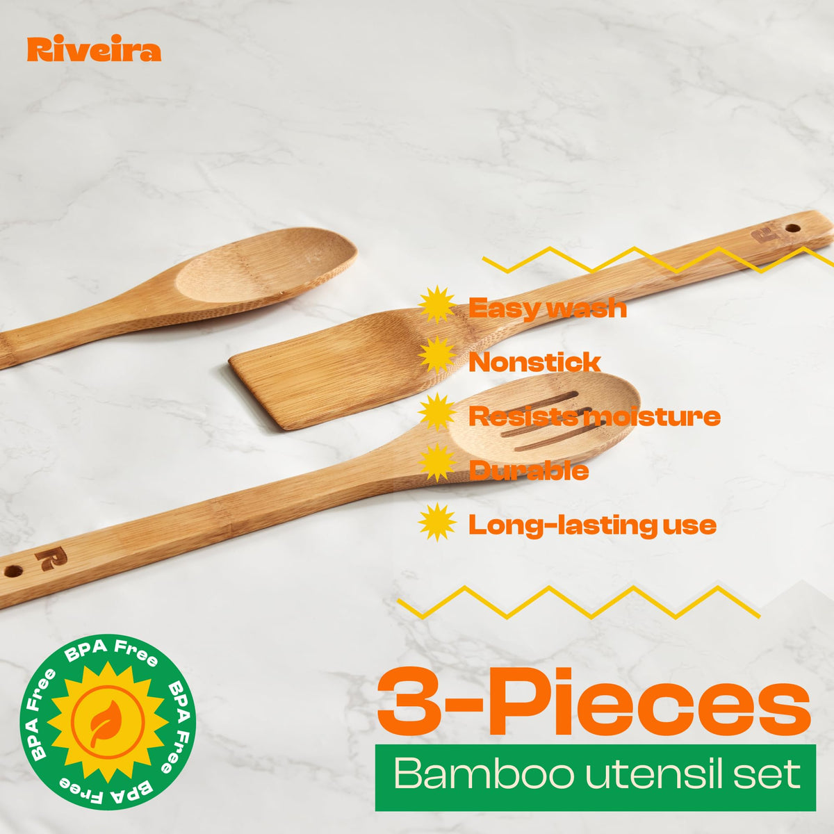 Riveira Dark Bamboo Wooden Spoons for Cooking 6-Piece, Apartment Essentials Wood Spatula Spoon Nonstick Kitchen Utensil Set Premium Quality Housewarming Gifts for Everyday Use