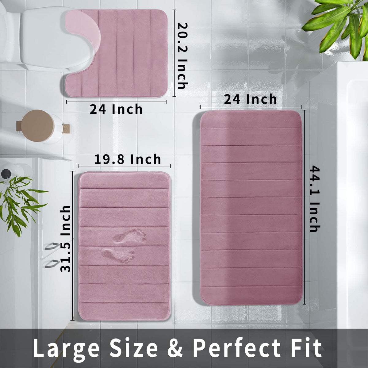 Yimobra Memory Foam Bath Mat Set 3 Pieces- Super Soft Absorbent Quick Dry Bathroom Rug Sets, Machine Washable Non Slip Floor Carpet for Tub Shower, Vanity & Toilet Base, Gray