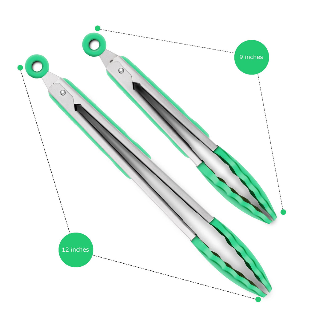 2 Pack Silicone Kitchen Tongs, 9 & 12 Inch, Stainless Steel, Black