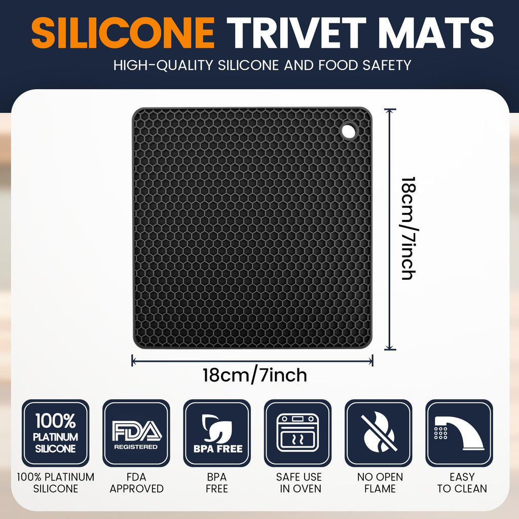 Silicone Trivet Mats 4 Heat Resistant Pot Holders Multipurpose Non-Slip Hot Pads for Kitchen Potholders, Drying mat, Jar Opener, Spoon Holder, Coaster(Dark Grey)