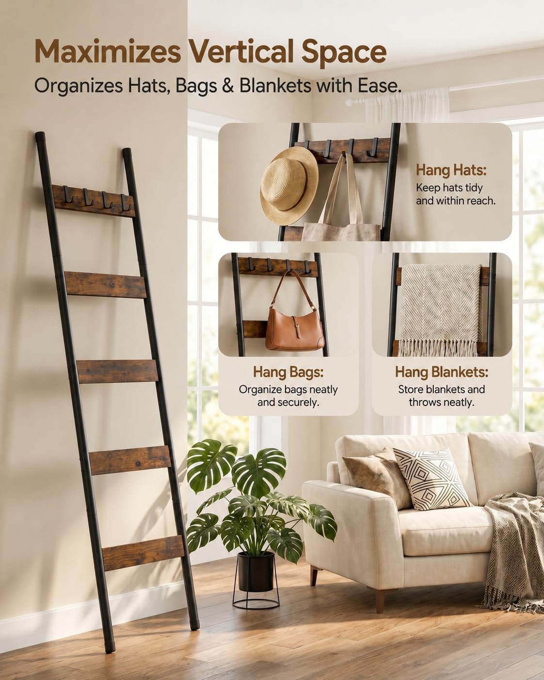 HOOBRO Blanket Ladder, 5-Tier Towel Rack with Hooks, Wall-Leaning Blanket Rack, Decorative Display Ladder Shelf, for Scarves, Industrial, Living Room, Bedroom, Rustic Brown and Black BF52CJ01G1