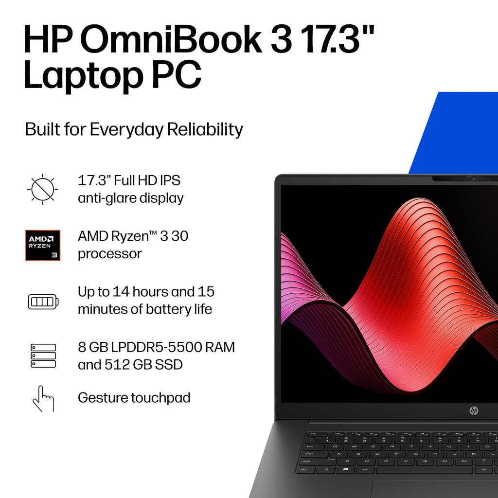 HP OmniBook 3 16 inch Laptop PC, 2K Touchscreen, AMD Ryzen 5 40, 8 GB RAM, 512 GB SSD, AMD Radeon 610M GPU, Windows 11 Home, Glacier Silver, 16-by0499nr