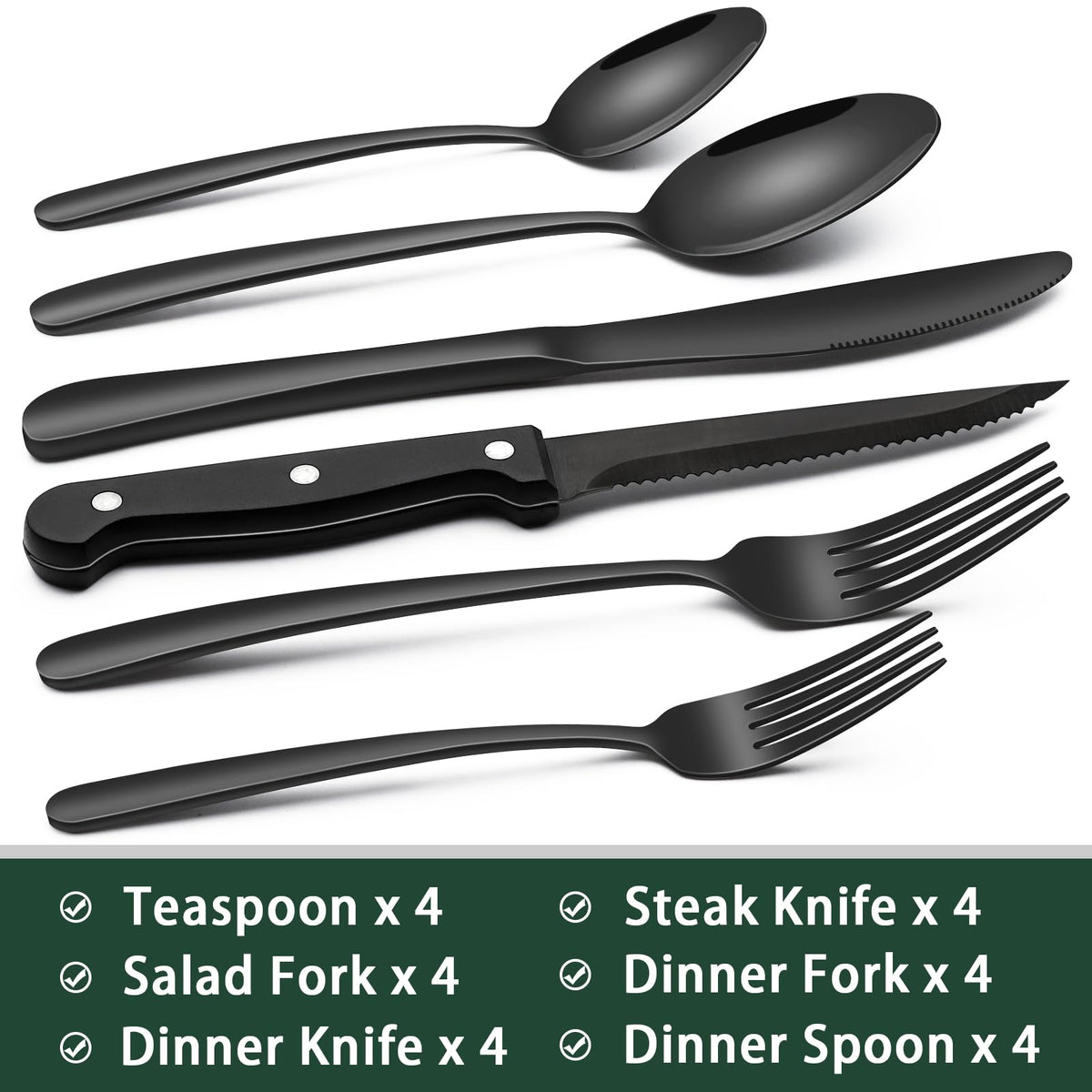 EWFEN 24-Piece Black Silverware Set with Steak Knives, Black Flatware Set for 4, Food-Grade Stainless Steel Tableware Cutlery Set, Mirror Finished Utensil Sets for Home Restaurant, Round Edge